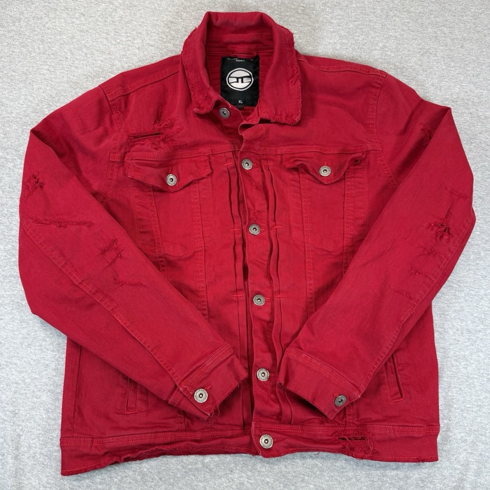 Mens Jordan Craig Tribeca Twill Trucker Jacket Bordeaux Ripped Red XL RN79771